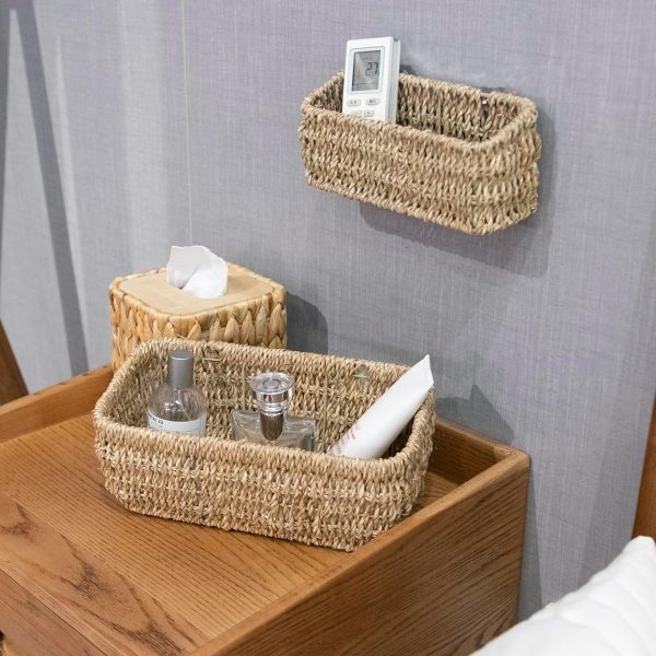 oven Hanging Wall Basket for Storage, Seagrass Woven Wall Mount Organizer Baskets, Wicker Wall Shelves for Storage, Hole-Free Remote Control Holder