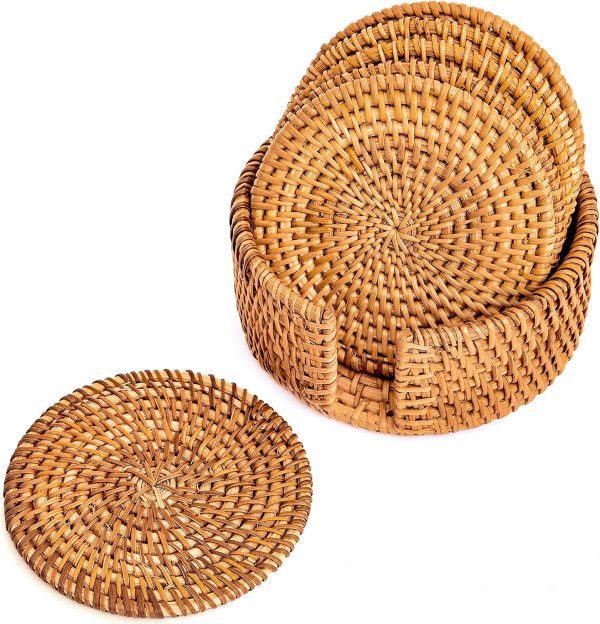 Handmade Natural Rattan Coasters - Round Straw Woven Trivet for Teacup, Wicker Heat Resistant Plate Pad for Hot Pots and Pans, Non-Slip 6 Piece Coaster Set with Holder